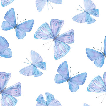 Seamless pattern with blue watercolor butterflies on white background.