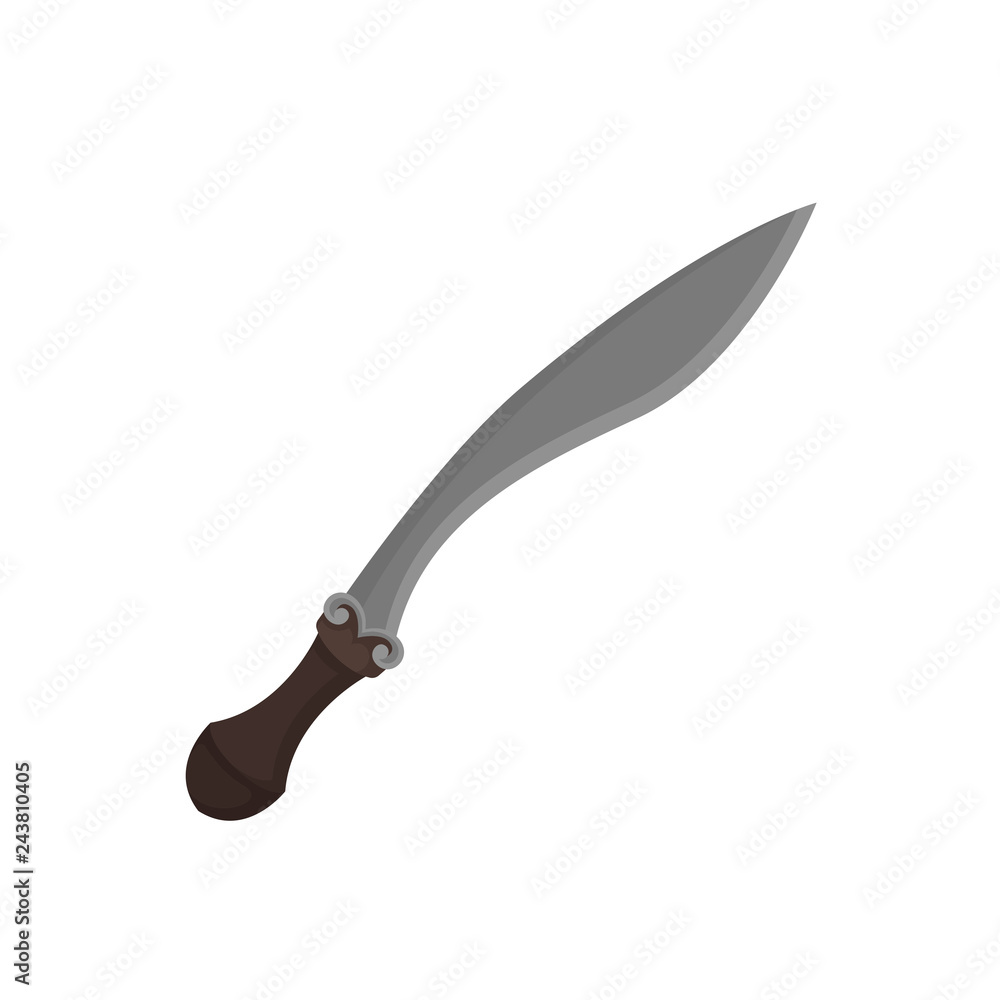 Poster saber with sharp curved blade. large sword. medieval fighting weapon of warrior. flat vector icon