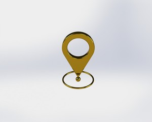 LOCATION pin glossy golden arrow. The concept of tagging a sign landmark needle tip to create a route search. Isolated on white background 3D rendering 3D.