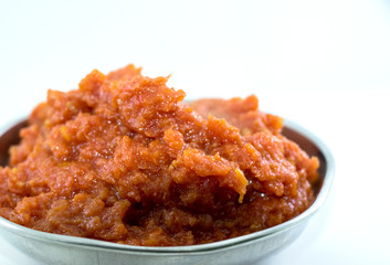 Gajar ka halwa is a carrot-based sweet dessert pudding from India