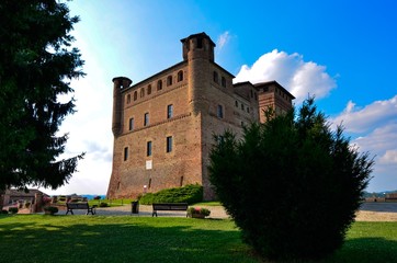 Grinzane Cavour, Piedmont, Italy. July 2018. The majestic castle made of red bricks.
