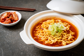 korean spicy instant noodles with kimchi