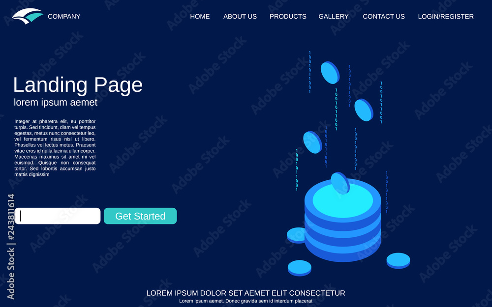 Poster website landing page vector template. blue background with digital technology isometric comcept illu