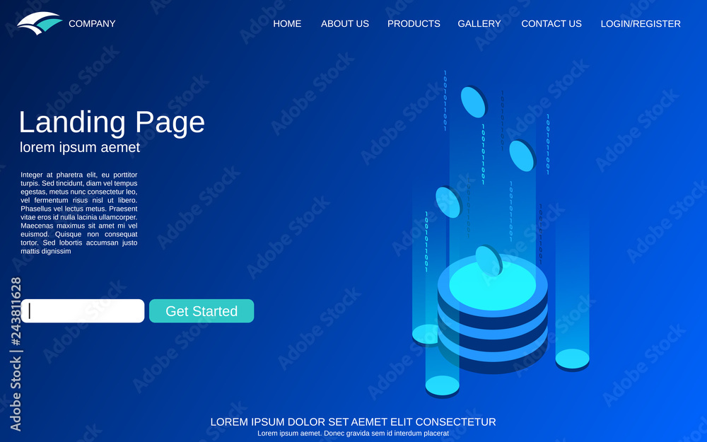 Poster website landing page vector template. blue background with digital technology isometric comcept illu