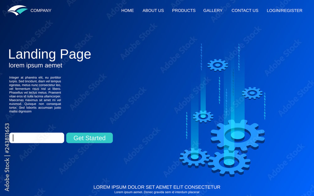 Poster website landing page vector template. blue background with digital technology isometric comcept illu