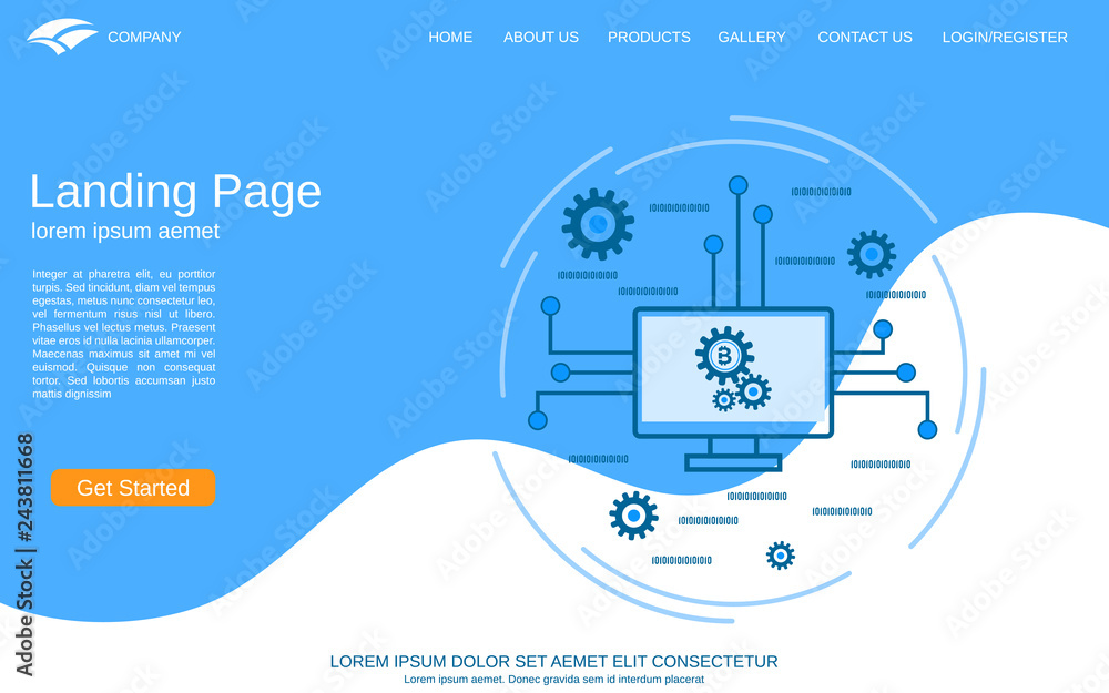 Poster website landing page vector template. abstract geometric style background with cryptocurrency mining