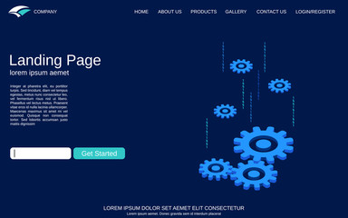 Website landing page vector template. Blue background with digital technology isometric comcept illustration