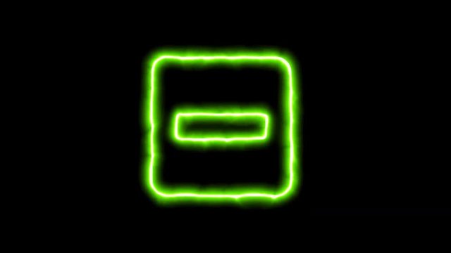 The appearance of the green neon symbol minus square. Flicker, In - Out. Alpha channel Premultiplied - Matted with color black