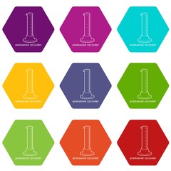 Graduated cylinder icons 9 set coloful isolated on white for web