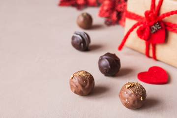 Chocolate and heart on St. Valentine's day love. The concept of postcards for lovers. Close up. Selective focus.