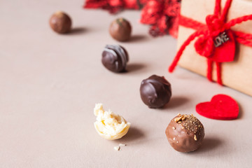 Chocolate and heart on St. Valentine's day love. The concept of postcards for lovers. Close up. Selective focus.