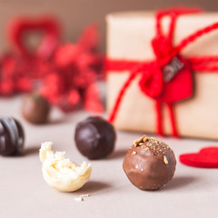 Chocolate and heart on St. Valentine's day love. The concept of postcards for lovers. Close up. Selective focus.