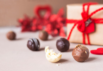 Chocolate and heart on St. Valentine's day love. The concept of postcards for lovers. Close up. Selective focus.