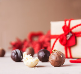 Chocolate and heart on St. Valentine's day love. The concept of postcards for lovers. Close up. Selective focus.