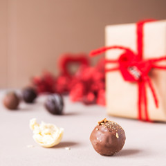 Chocolate and heart on St. Valentine's day love. The concept of postcards for lovers. Close up. Selective focus.