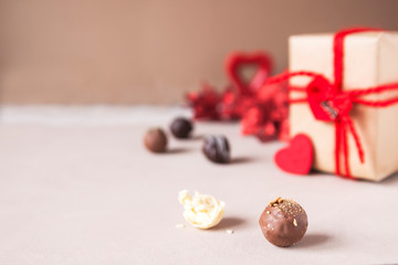 Chocolate and heart on St. Valentine's day love. The concept of postcards for lovers. Close up. Selective focus.