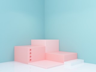 Scene with geometrical forms in pastel colors. Pink boxes podium with marble details. Minimal blue corner background. 3d render. 