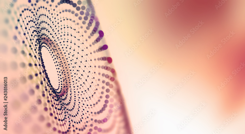 Poster Big Data concept. Computer eye. Introduction of artificial intelligence. Global network monitoring. 3D illustration on a polygonal grid with a shallow depth of field