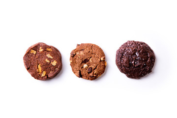 Three types of chocolate cookies on white background