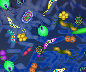 Fototapeta na wymiar Pathogenic microflora in the intestine background. Dysbacteriosis. Dysbiosis. Killed good bacterium flora. Infographics. Vector illustration.