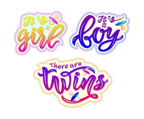 Set of stickers with text its a boy, girl, there are twins