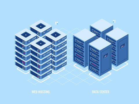 Web hosting server rack, isometric icon of database and data center, blockchain digital technology concept, cloud storage, flat vector illustration, blue