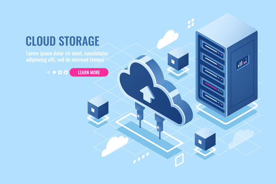 Technology of cloud data storage, server room rack, database and data center isometric icon, abstract concept, download and upload file in internet repository, flat vector