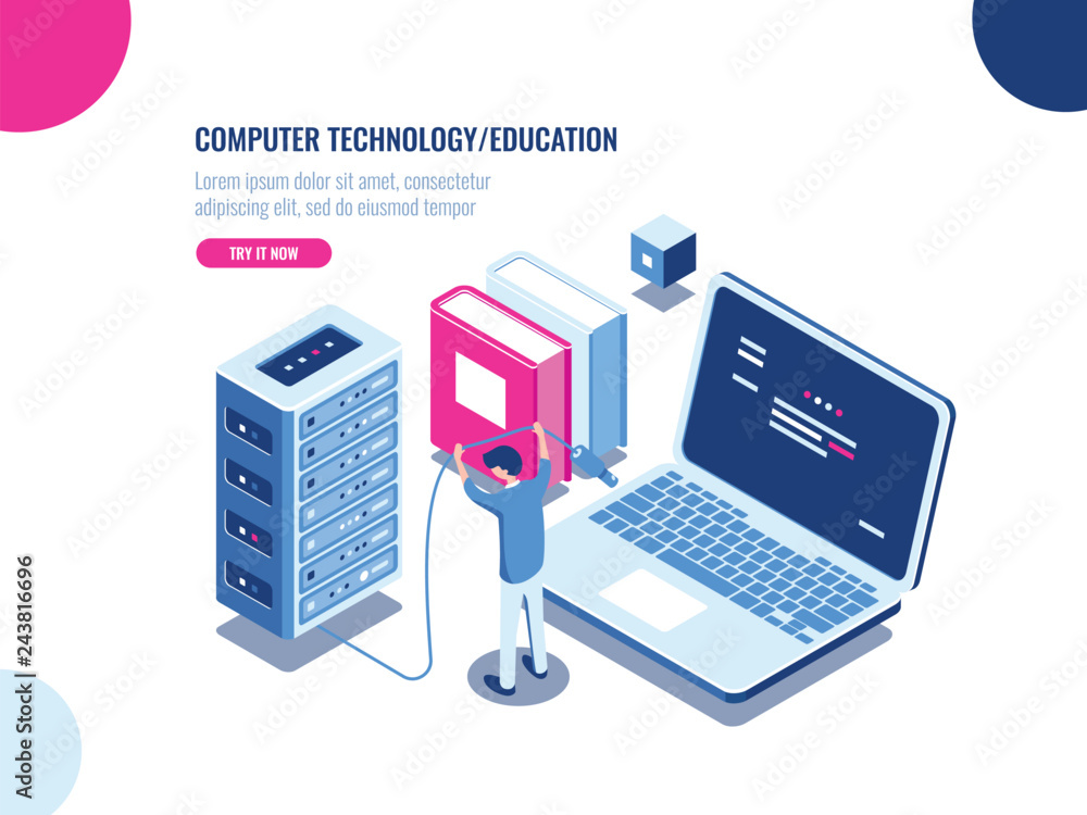 Poster server room cabinet, data center and database isometric icon, server rack farm, blockchain technolog