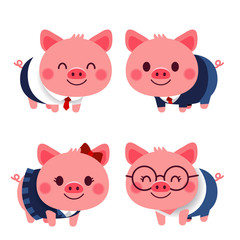 Vector set of cute pig characters in different costume isolated on white background
