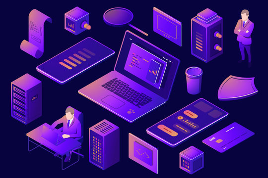 Set of elements for design of digital technology, server room rack farm, isometric people, young man programmer with laptop pc, mobile phone, web design and software development neon vector