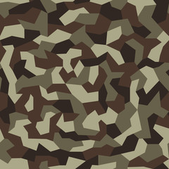 Military camo seamless pattern. Geometric camouflage backdrop in dark brown color. Stock vector background.
