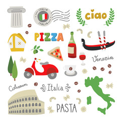 Italy vector doodle icons and symbols on white background. Italian illustrations set: architecture, food, graphic elements © redchocolatte