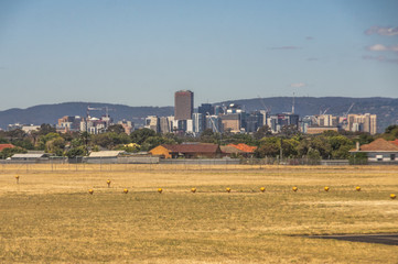 Fototapeta na wymiar Adelaude City skyline view taken from the Adelaide International Airport