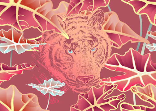 Seamless pattern. Tiger and tropic foliage. Red color.