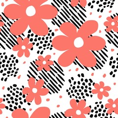 Abstract memphis style insprired hand drawn vector seamless pattern, simple line art shapes and flowers. Three color pattern tile, black, pink, white background.