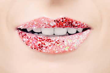 Red lips white teeth. Beautiful female smile