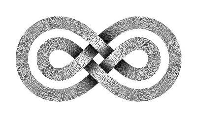Stippled Limitless sign made of two crossed lines. Infinity strip symbol. Vector illustration.