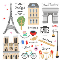 Paris vector set on white background. French symbols and icons. Visit Paris illustrations: architecture, The Eiffel Tower, parisian cafe, bicycle - obrazy, fototapety, plakaty