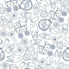 Hand-drawn goods and accessories for small children: baby stroller, diapers, rattles, feeding bottle, nipple. Doodle seamless pattern. Vector.