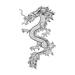 Chinese dragon hand drawn vector illustration. Mythical creature ink pen sketch. Black and white clipart. Serpent freehand drawing. Isolated monochrome mythic design element. Chinese new year poster