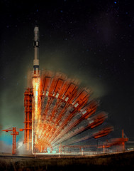 Missile launch at night. Illusion of multiple rocker arms. The elements of this image furnished by...