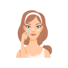 Attractive young woman applying cream or gel on her face, girl caring for her face and skin, facial treatment procedure, vector Illustration