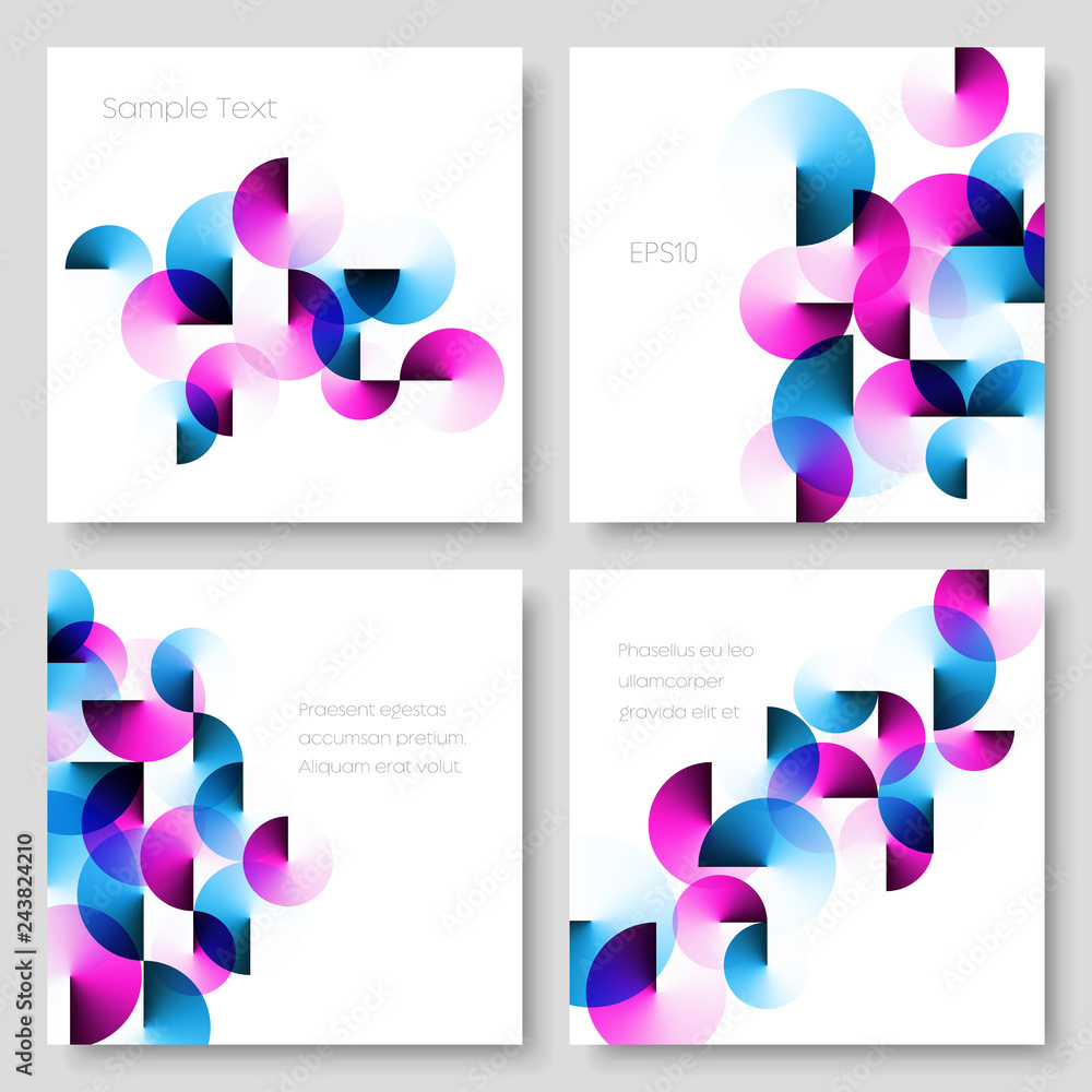 Wall mural set of geometric colorful square templates with magenta and blue angle gradient circles. eps 10 vect
