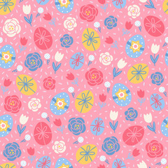 Easter seamless pattern with eggs, roses and tulips