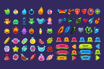 Collection of colorful user interface assets for mobile apps or video games, funny creatures, animals, sweets, weapon, buttons vector Illustration © topvectors