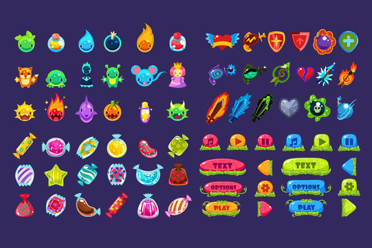 Collection of colorful user interface assets for mobile apps or video games, funny creatures, animals, sweets, weapon, buttons vector Illustration