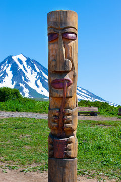Kamchatka Aboriginal totem pole on  volcano