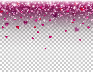 Hearts confetti falling effect. Glowing lights and stars with glitter isolated on shimmer transparent background. Vector pink elements for Women, Mother Day, Valentine, wedding or greeting card design