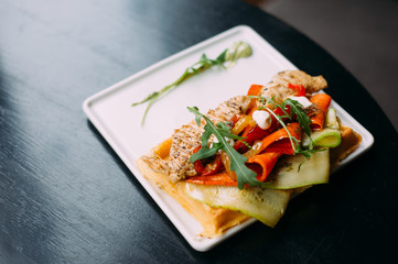 Belgian waffle with Chicken and Vegetables 