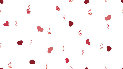 Scattered Red confetti. The foundation of packaging, textiles, wallpaper, banner, printing. Vector Seamless Pattern on a White fond. Festive Pattern of Hearts and Serpentine.